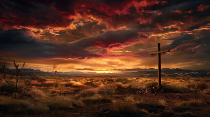 Naklejka premium Single cross stands in vast desert landscape under dramatic sky filled with vibrant colors at sunset, evoking sense of peace and reflection