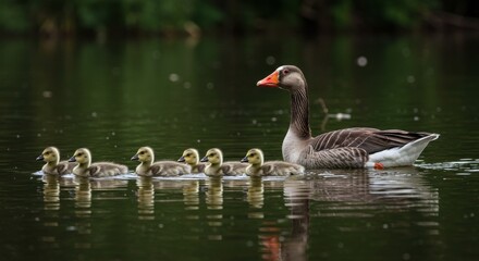 Fototapeta premium A Serene Scene: Mother Goose Leads Her Adorable Ducklings Across Tranquil Waters