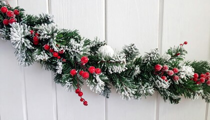Naklejka premium Festive Christmas Garland with Red Berries and Snowy Greenery on White Wood
