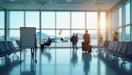Airport terminal with passengers waiting and airplane in background during sunset