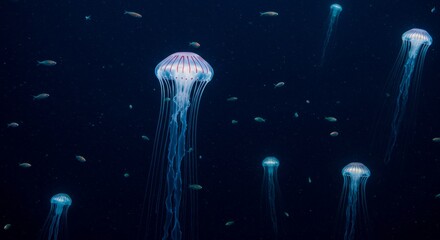 Enchanting Underwater Scene Featuring Jellyfish and Small Fishes in Deep Blue Ocean Minimalist
