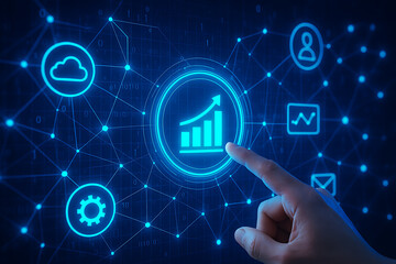 Digital growth and business analytics with rising bar chart, network icons, and hand pointing, technology and data success