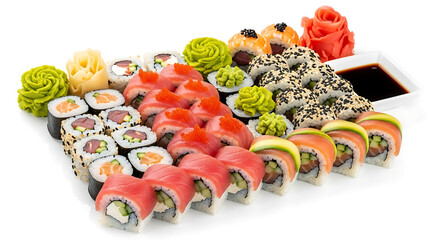 An assortment of colorful sushi rolls and garnishes arranged on a white surface for a visually appealing display fundo branco
