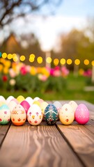 Colorful Easter eggs on wooden table, blurred garden background