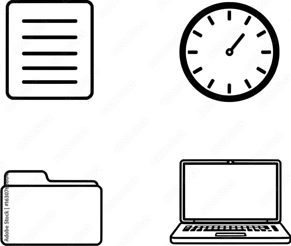 Poster set of minimal line icons representing office productivity, including a document, clock, folder, and