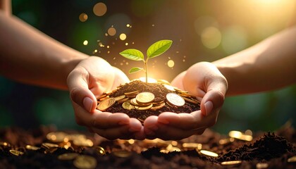 Hands nurturing plant sprout growing from a pile of coins, future investment