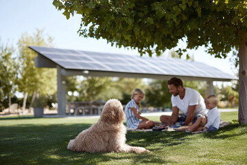 Serene family picnic on lush lawn, shaded by a tree and modern solar structure. Features a fluffy dog. Captures summer bliss and sustainable living. Perfect for lifestyle or ecofriendly themes.