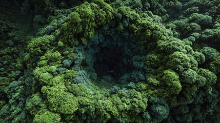 Top down Satellite view showing a dense rainforest with a hidden circular anomaly eerie and unexplained