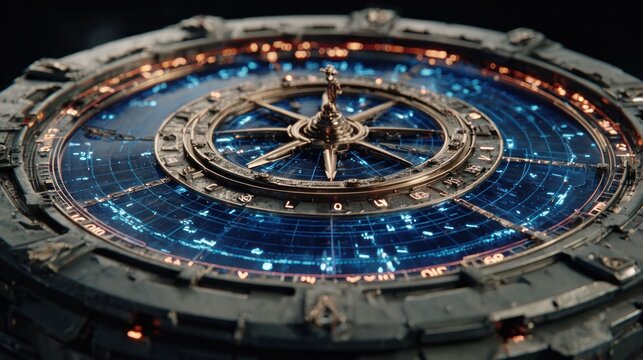Futuristic, ornate clock-like device with glowing displays