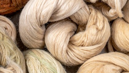 Close Up Soft Bundles of Beige Yarn Textile Threads and Knitting Material