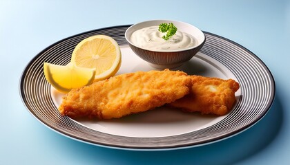 a beautifully plated golden brown breaded fish fillet paired with a creamy dipping sauce and a slice of fresh lemon on a bright minimalistic background