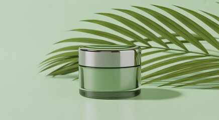 Spa-Inspired Skincare: A modern skincare cream jar is presented with a natural leaf to embody the soothing, natural skincare experience. 