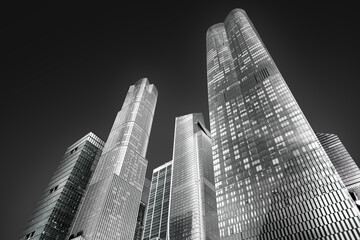 Fine art, black and white photograph looking up at a dense cluster of modern skyscrapers in New York City