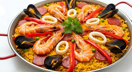 Close up shot of a paella dish with shrimp mussels squid and peppers on a white background surface fundo branco