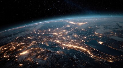 Satellite view Stunning night-time view of Earth from satellite illuminated by starlight and artificial glows of human civilization