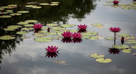 Pink water lilies on still pond