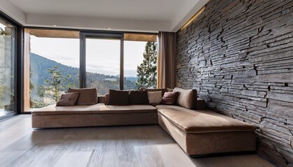 corner sofa in modern living room with stone clad walls with window interior design