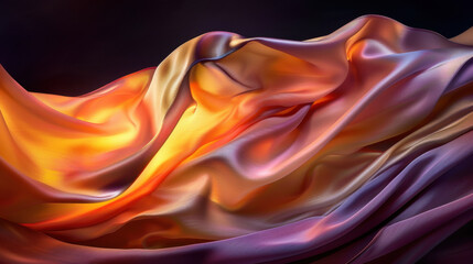 Obraz premium Soft glowing lights create dreamy abstract wave of silk fabric, showcasing vibrant hues of orange and purple. flowing texture evokes sense of elegance and tranquility