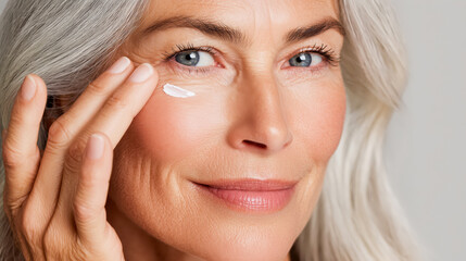 Close-up of a mature woman with gray hair gently applying skincare cream under her eye
