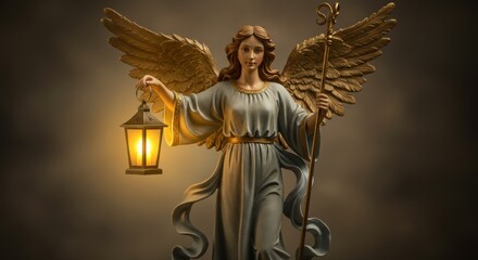 Obraz premium A serene angel holding a glowing lantern in a moment of quiet grace