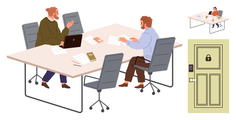 Two professionals collaborate at a shared desk with laptops, documents, and phones. A secure door hints at privacy. Ideal for teamwork, collaboration, security, workplace design, discussion