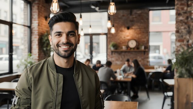 Smiling Young Man in Trendy Urban Cafe Interior