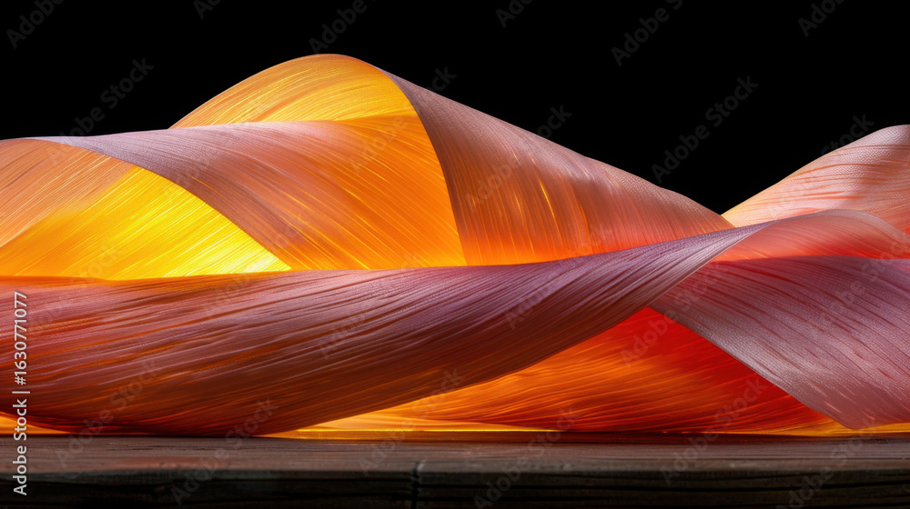 Poster soft ribbon strands weave into solid glowing form, showcasing blend of warm colors and smooth textur