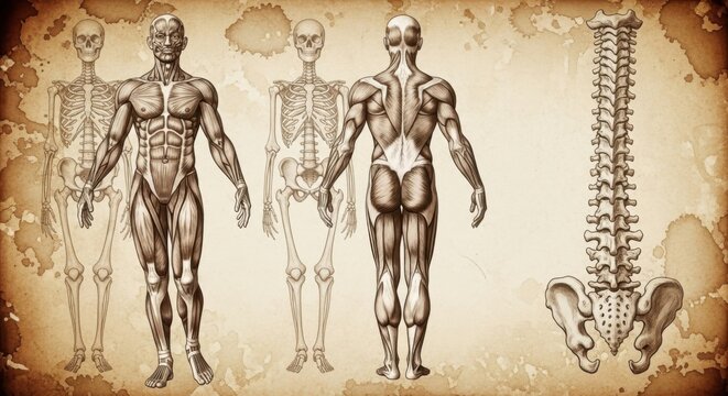 Vintage anatomical illustration of human musculature and skeletal system