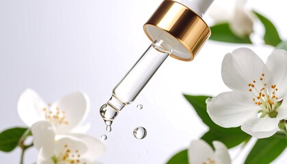 Droplet of serum with white blossoms