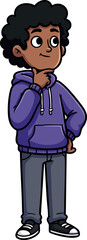 Naklejka premium Curious boy standing in purple hoodie and gray pants looking upward vector illustration 