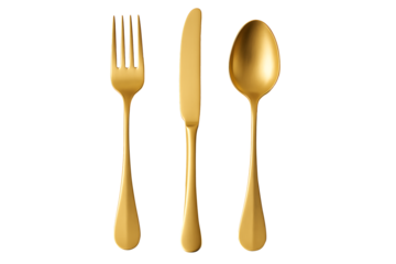Gold cutlery set isolated on transparent background