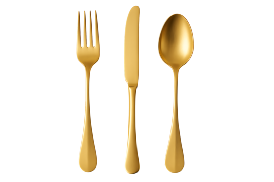 Gold cutlery set isolated on transparent background