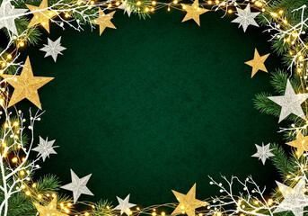 Festive Christmas Frame with Golden and Silver Stars, Twinkling Lights, and Evergreen Branches on Green - Holiday Art