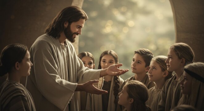Jesus Christ teaching and blessing a group of children with love and compassion in a serene setting filled with natural light