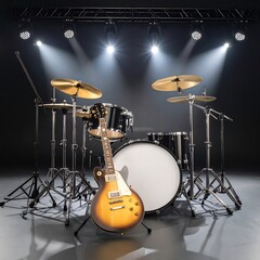 Drum set and electric guitar on stage