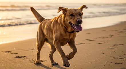 Energetic labrador retriever bounding joyfully along a sandy beach at sunset