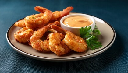 a delectable serving of golden brown shrimp garnished with fresh parsley accompanied by a vibrant dipping sauce