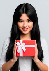 Fototapeta premium Smiling Woman with Long Black Hair Holding Red Gift Box with White Bow, Holiday Portrait, ECO Christmas gifts