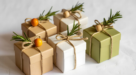 Gifts and Celebration: Beautifully arranged gift boxes, tied with elegant twine bows and adorned with sprigs, embody the spirit of giving, joy, and anticipation in this close-up capture.