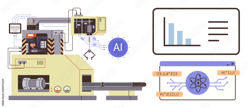 Poster automated industrial machine connected to ai systems, graphs, and atomic data representations. ideal