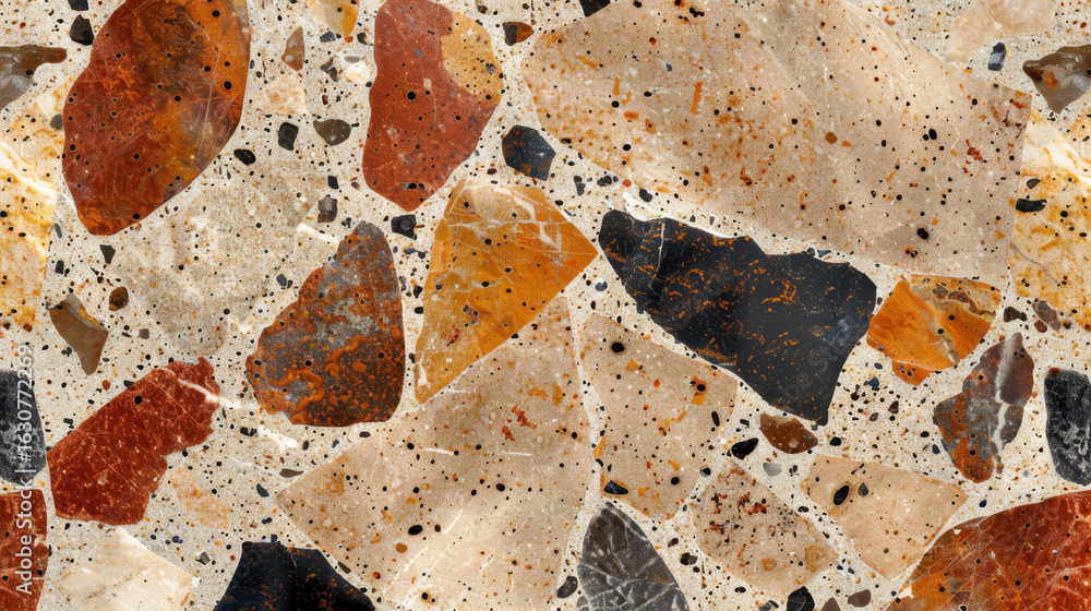 Poster speckled terrazzo texture background features blend of natural stone fragments in earthy tones, crea