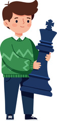 Boy holding large chess king piece standing in casual clothes vector illustration 