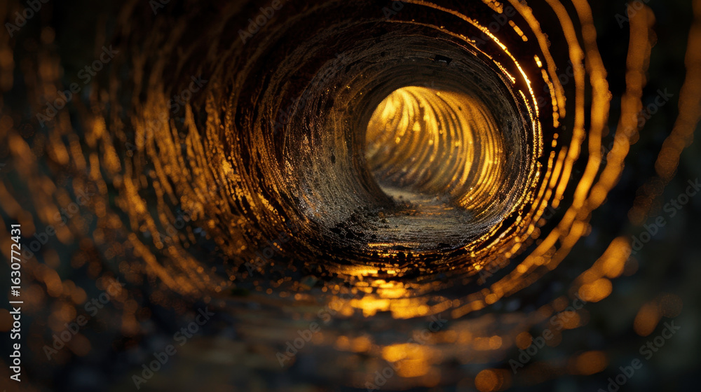 Poster mesmerizing spiral tunnel of light draws viewer in, showcasing captivating interplay of reflections 