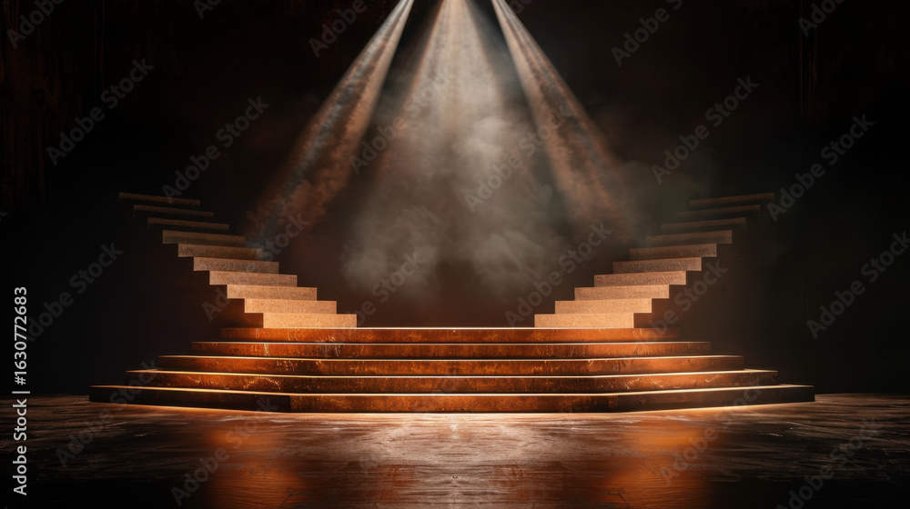 Poster dramatic stage setup featuring illuminated stairs and spotlight casting warm glow, creating atmosphe