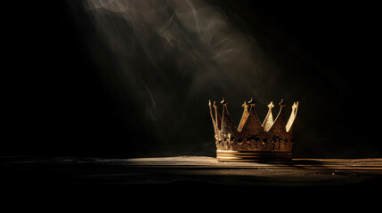 Golden crown sits elegantly on dark surface, illuminated by soft spotlight that creates dramatic atmosphere. light highlights intricate details of crown, evoking sense of royalty and prestige