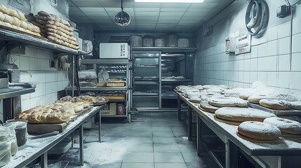 A professional baking space with flour-covered surfaces and tools waiting for bread or pastry preparation.

