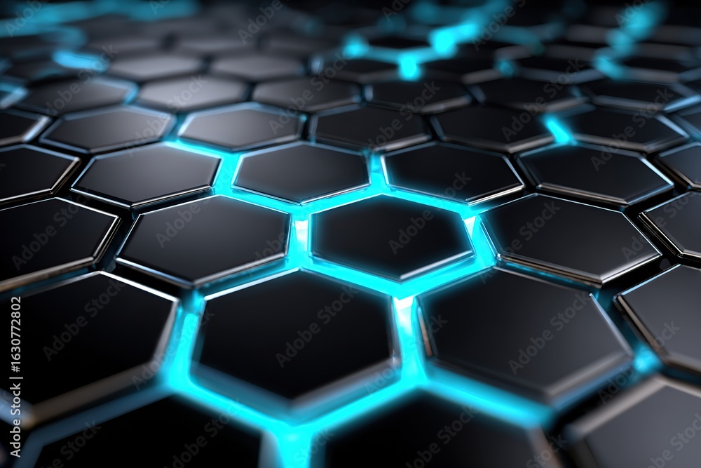 Poster interesting hexagonal pattern with glowing blue lines on a dark background