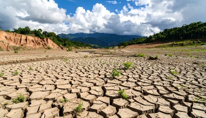 Dry cracked earth landscape under a partly cloudy sky
