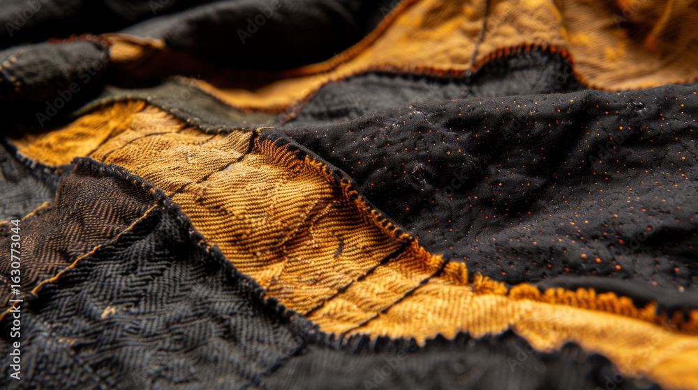 Poster stitched fabric texture with visible thread details showcases rich blend of black and orange hues, c