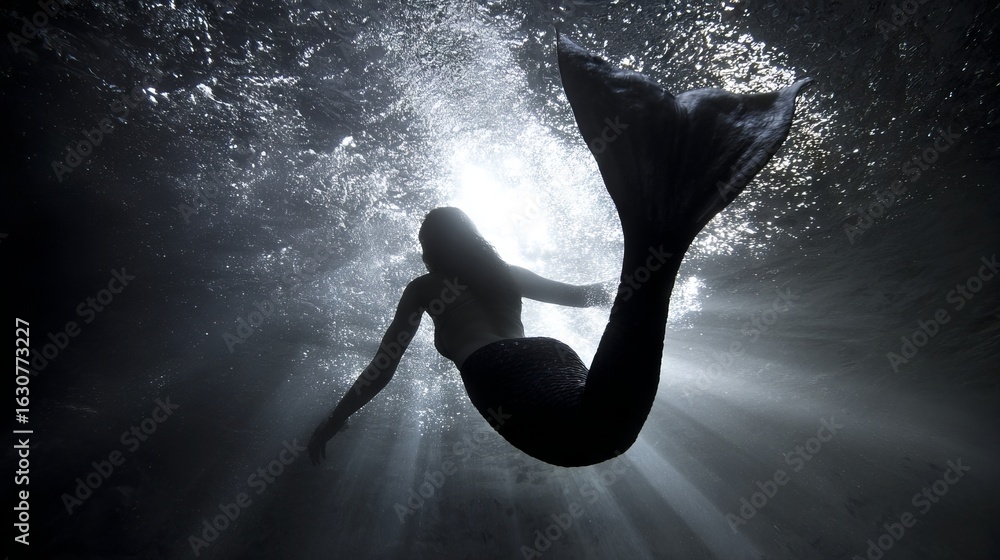Poster enigmatic mermaid gracefully swims underwater, surrounded by shimmering light rays filtering through